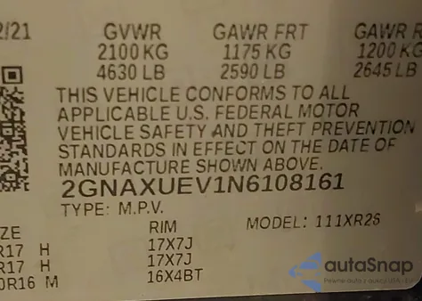 2022 Chevrolet Equinox Awd Lt z USA, uszkodzony, nr VIN 2GNAXUEV1N6108161